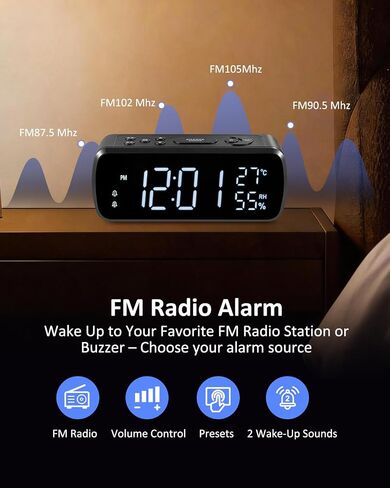 G Keni Digital Alarm Clock with FM Radio for Bedroom | 2 Alarms with Large LED Display,Snooze,USB Charger,Preset, Dimmer,Sleep Timer,Temperature,Relative Humidit,Adjustable Volume in Saudi Arabia