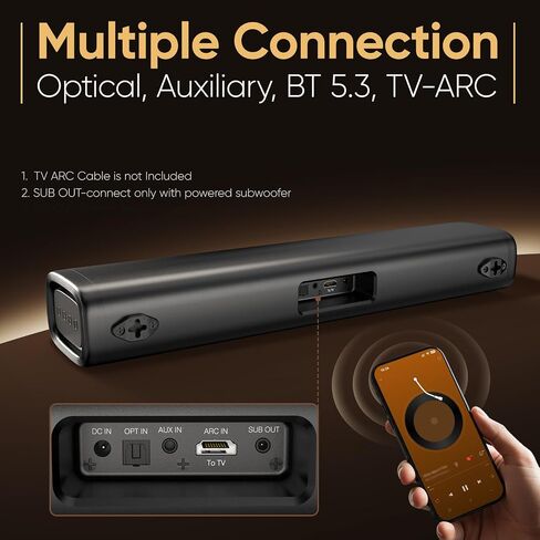 Saiyin 60W Bluetooth Sound Bar for Smart TV, TV-ARC/Optical/AUX | Clear Voice&Dual Bass Drivers, Virtual Surround Sound System, For TV/PC/Gaming/Projectors, 17 inch, Wall Mountable in Saudi Arabia