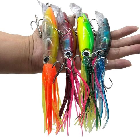 4Pcs Large Simulation Squid Fishing Lures Bait Kit,3D Holographic Eyes，Built-in Multicolored Lead Blocks Through Heavy Duty ，Stable and Tempting in Kuwait