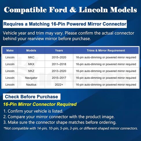 16-Pin Dash Cam Power Adapter for Ford & Lincoln Vehicles | Rearview Mirror USB Power for F-150 F-250 F-350 Explorer Bronco and More, Hidden Wiring, No Fuse Tap in Saudi Arabia