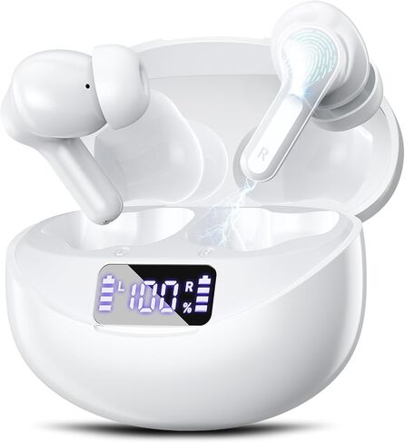 Wireless Earbuds Bluetooth 5.4 Headphones, Noise Cancelling Mic Ear Buds with 50H Playback, LED Digital Display, IPX7 Waterproof Earphones for Office(Bright White) in Saudi Arabia