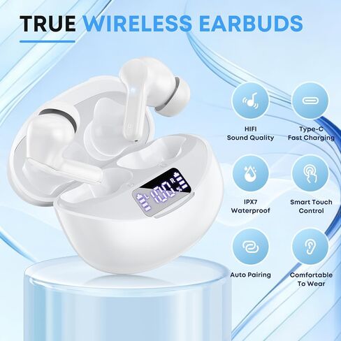 Wireless Earbuds Bluetooth 5.4 Headphones, Noise Cancelling Mic Ear Buds with 50H Playback, LED Digital Display, IPX7 Waterproof Earphones for Office(Bright White) in Saudi Arabia
