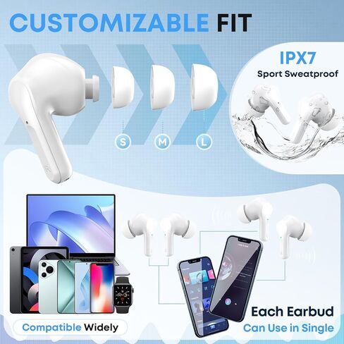 Wireless Earbuds Bluetooth 5.4 Headphones, Noise Cancelling Mic Ear Buds with 50H Playback, LED Digital Display, IPX7 Waterproof Earphones for Office(Bright White) in Saudi Arabia
