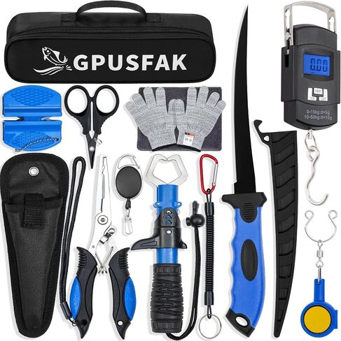 Fishing Tool Kit, 12 Pieces Fishing Gear, Fishing Pliers with Lanyard, Fillet Knife, Fish Lip Gripper, Fly Ice Fishing Hook Knotter, Anti-Cutting Gloves in Saudi Arabia
