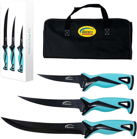 danco Pro Series 3-Piece Fillet Knife Kit with German Steel and Roll Bag | 5- and 7-inch fillet knives, 9-inch stout knife, full tang German G4116 steel, Teflon coating, TPR grips, nylon roll bag in Saudi Arabia
