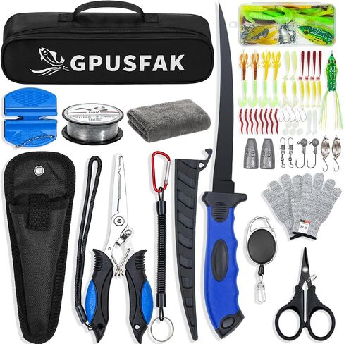 Fishing Tool Kit, 50 Pieces Fishing Gear, Fishing Pliers with Lanyard, Fillet Knife, Fish Lip Gripper, Fly Ice Fishing Hook Extractor, Anti-Cutting Gloves, Fishing Lures Baits Accessories in Saudi Arabia
