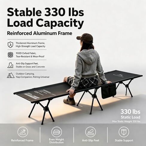 سرير تخييم قابل للطي 330 رطل بحد أقصى 75 × 25.6 بوصة من الألومنيوم 900D أكسفورد مع حقيبة | إعداد بدون أدوات، جيب جانبي مدمج، مرتفع عن الأرض، استخدام متعدد الأغراض، خفيف الوزن للغاية، قاعدة عريضة مستقرة in Kuwait