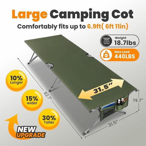 Join Nature Oversized Camping Cot for Adults - Non-Assemble Folding Camping Bed Extra Wide for Outdoor, Support up to 6.9ft or 450lbs, with Storager Bag, 82" L x 32" W(Green) in Saudi Arabia