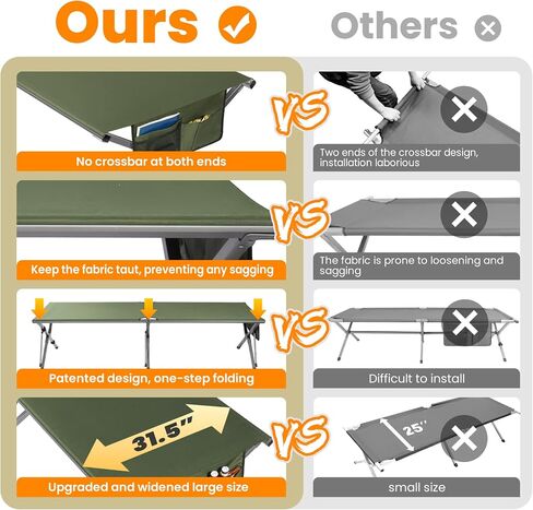 Join Nature Oversized Camping Cot for Adults - Non-Assemble Folding Camping Bed Extra Wide for Outdoor, Support up to 6.9ft or 450lbs, with Storager Bag, 82" L x 32" W(Green) in Saudi Arabia