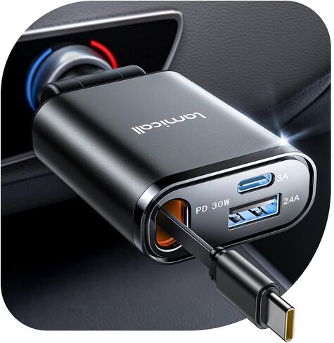 شاحن سيارة Lamicall قابل للسحب USB C 57W لشحن iPhone 17 16 15 | أسلاك من النوع C تناسب هاتف Samsung Galaxy Ultra Pixel Android، هدايا إكسسوارات السيارة فائقة الصغر، أساسيات رحلة الطريق للرجال والنساء in Kuwait