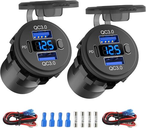 Hapytrip 12 Volt USB Outlet Dual Quick Charge 3.0 Port and PD3.0 USB C Car Battery Chargers Socket, Waterproof 12V Power Outlet Cigarette Lighter Replacement DIY Kit with Voltmeter and Switch for Boat in Saudi Arabia