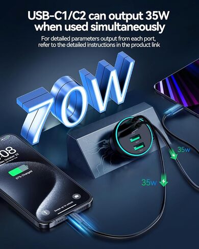 Rocoren 70W 4‑Port PD USB C Fast Car Charger Cigarette Lighter Adapter | For Multiple Devices, USBC Phone Charger Compatible with iPhone 17/17 Air/16/15 Pro Max, Samsung S25, Pixel in Saudi Arabia