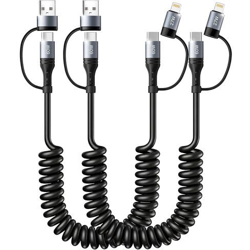 Miger Coiled USB C Cable,60W Short USB C to USB C Cable Fast Charging Cord | 2Pack 4Ft Carplay Car Charger Type C and Lightning Cable 2 in 1 for iPhone 17/16/15/14/13/12/11/iPad/AirPods/MacBook/Samsung in Saudi Arabia