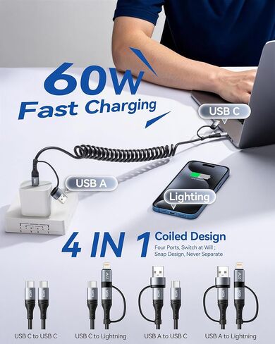 Miger Coiled USB C Cable,60W Short USB C to USB C Cable Fast Charging Cord | 2Pack 4Ft Carplay Car Charger Type C and Lightning Cable 2 in 1 for iPhone 17/16/15/14/13/12/11/iPad/AirPods/MacBook/Samsung in Saudi Arabia