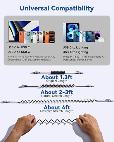 Miger Coiled USB C Cable,60W Short USB C to USB C Cable Fast Charging Cord | 2Pack 4Ft Carplay Car Charger Type C and Lightning Cable 2 in 1 for iPhone 17/16/15/14/13/12/11/iPad/AirPods/MacBook/Samsung in Saudi Arabia