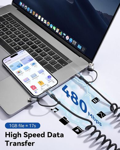 Miger Coiled USB C Cable,60W Short USB C to USB C Cable Fast Charging Cord | 2Pack 4Ft Carplay Car Charger Type C and Lightning Cable 2 in 1 for iPhone 17/16/15/14/13/12/11/iPad/AirPods/MacBook/Samsung in Saudi Arabia