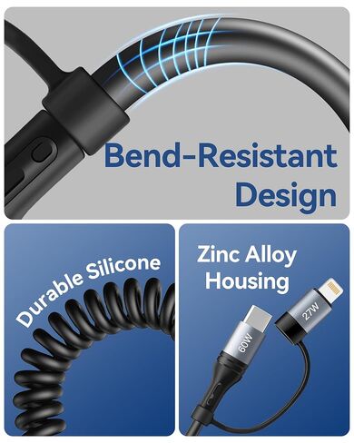 Miger Coiled USB C Cable,60W Short USB C to USB C Cable Fast Charging Cord | 2Pack 4Ft Carplay Car Charger Type C and Lightning Cable 2 in 1 for iPhone 17/16/15/14/13/12/11/iPad/AirPods/MacBook/Samsung in Saudi Arabia