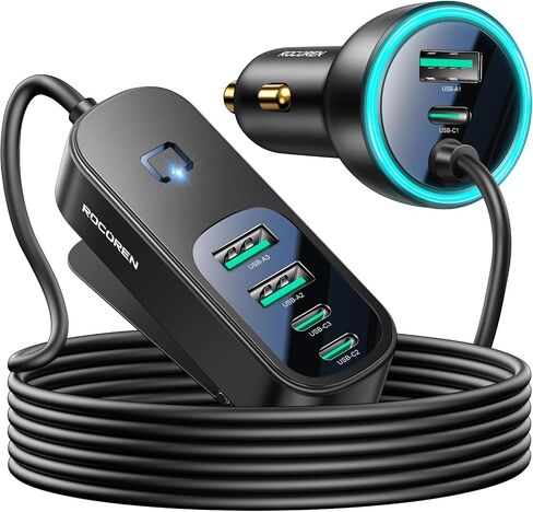 Rocoren 105W 6‑Port PD USB‑C Car Charger with 5FT Cable, Travel Essentials | Cigarette Lighter Adapter Powers Multiple Devices At Once, Car Accessory For Road Trips And Compatible With IPhone 17/16 in Saudi Arabia
