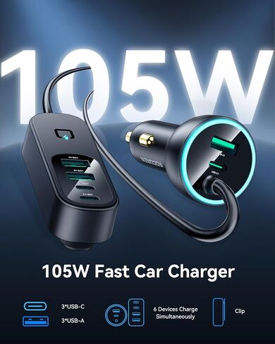 Rocoren 105W 6‑Port PD USB‑C Car Charger with 5FT Cable, Travel Essentials | Cigarette Lighter Adapter Powers Multiple Devices At Once, Car Accessory For Road Trips And Compatible With IPhone 17/16 in Saudi Arabia