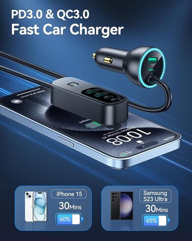 Rocoren 105W 6‑Port PD USB‑C Car Charger with 5FT Cable, Travel Essentials | Cigarette Lighter Adapter Powers Multiple Devices At Once, Car Accessory For Road Trips And Compatible With IPhone 17/16 in Saudi Arabia