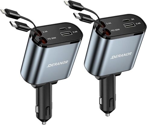 [2 Pack] Retractable Car Charger, 4 in 1 Fast Car Phone Charger Adapter 69W | USB C Car Truck Accessories, with 2X Retractable Charger Cords and 2X USB Ports, for i Phone 17/16/15/14, for Samsung S25/S24 in Saudi Arabia