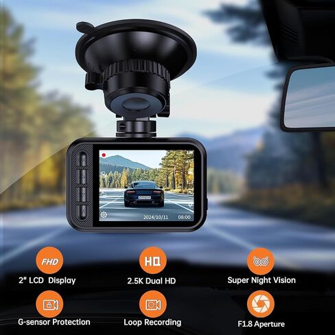 Dash Cam Front and Rear for Cars, 2.5K+1080P Dual Camera with 2" Screen | WDR Night Vision, 170° Lens, G-Sensor, Loop Recording, 360° Mount, Mini Design, 256GB Max, 24H Parking, SD Card Not Included in Saudi Arabia