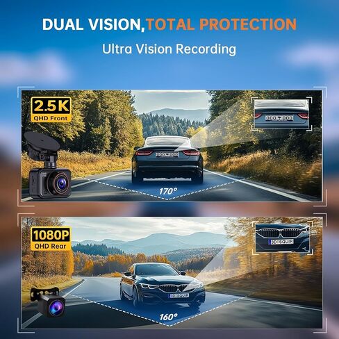 Dash Cam Front and Rear for Cars, 2.5K+1080P Dual Camera with 2" Screen | WDR Night Vision, 170° Lens, G-Sensor, Loop Recording, 360° Mount, Mini Design, 256GB Max, 24H Parking, SD Card Not Included in Saudi Arabia