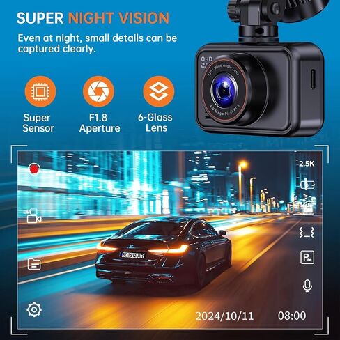 Dash Cam Front and Rear for Cars, 2.5K+1080P Dual Camera with 2" Screen | WDR Night Vision, 170° Lens, G-Sensor, Loop Recording, 360° Mount, Mini Design, 256GB Max, 24H Parking, SD Card Not Included in Saudi Arabia
