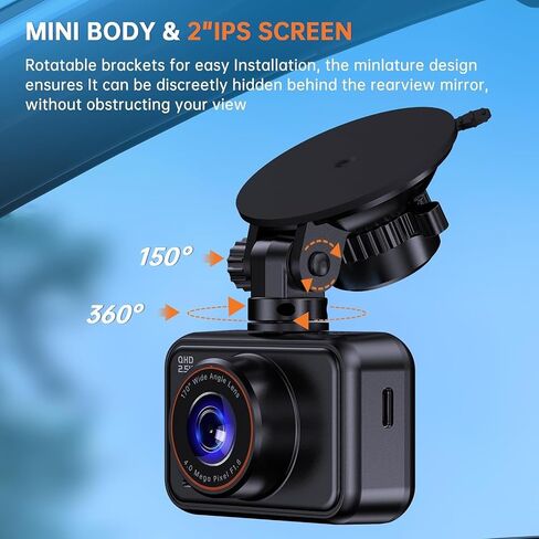 Dash Cam Front and Rear for Cars, 2.5K+1080P Dual Camera with 2" Screen | WDR Night Vision, 170° Lens, G-Sensor, Loop Recording, 360° Mount, Mini Design, 256GB Max, 24H Parking, SD Card Not Included in Saudi Arabia
