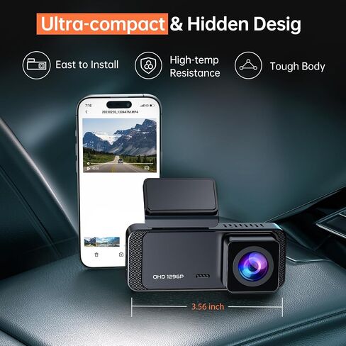 Veement 1296P Dash Cam Front, WiFi Dash Camera for Cars with App | V300 Mini Hidden Design, Night Vision, 170° Lens, Loop Recording, G-Sensor, 256GB Max, Card Not Included, Hardwire Required in Saudi Arabia