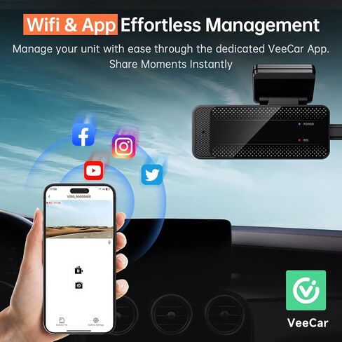 Veement 1296P Dash Cam Front, WiFi Dash Camera for Cars with App | V300 Mini Hidden Design, Night Vision, 170° Lens, Loop Recording, G-Sensor, 256GB Max, Card Not Included, Hardwire Required in Saudi Arabia