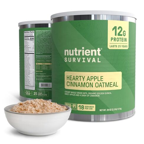 High Protein Oatmeal Instant, Hearty Apple Cinnamon, Freeze Dried Prepper Supplies & Emergency Food Supply, 40 Essential Nutrients, Gluten Free, Shelf Stable Up to 25 Years, One Can, 18 Servings in Saudi Arabia