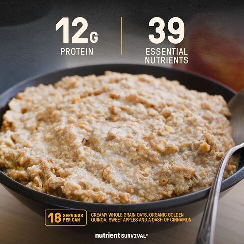 High Protein Oatmeal Instant, Hearty Apple Cinnamon, Freeze Dried Prepper Supplies & Emergency Food Supply, 40 Essential Nutrients, Gluten Free, Shelf Stable Up to 25 Years, One Can, 18 Servings in Saudi Arabia