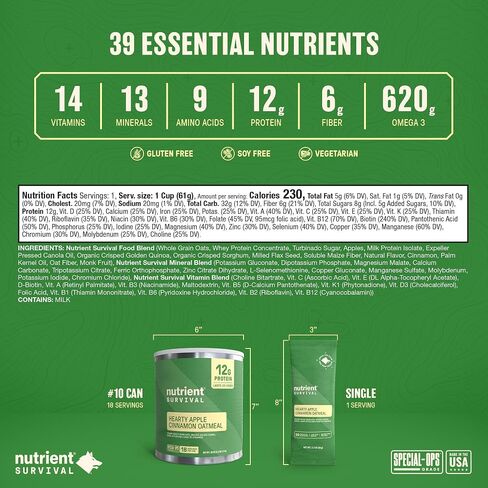 High Protein Oatmeal Instant, Hearty Apple Cinnamon, Freeze Dried Prepper Supplies & Emergency Food Supply, 40 Essential Nutrients, Gluten Free, Shelf Stable Up to 25 Years, One Can, 18 Servings in Saudi Arabia