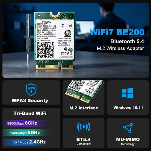 FENVI BE200NGW WiFi 7 Wireless Card,5800Mbps Tri-Band 6GHz/5GHz/2.4GHz with Intel BE200, Bluetooth 5.4,M.2 2230 E-Key for Intel 12th Gen+ Gaming Laptop PC, 8K Streaming Network Adapter in Saudi Arabia
