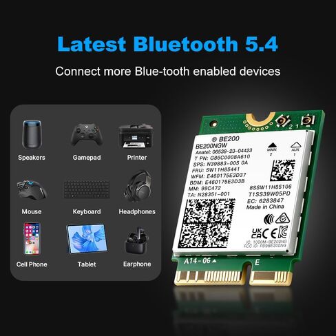 FENVI BE200NGW WiFi 7 Wireless Card,5800Mbps Tri-Band 6GHz/5GHz/2.4GHz with Intel BE200, Bluetooth 5.4,M.2 2230 E-Key for Intel 12th Gen+ Gaming Laptop PC, 8K Streaming Network Adapter in Saudi Arabia