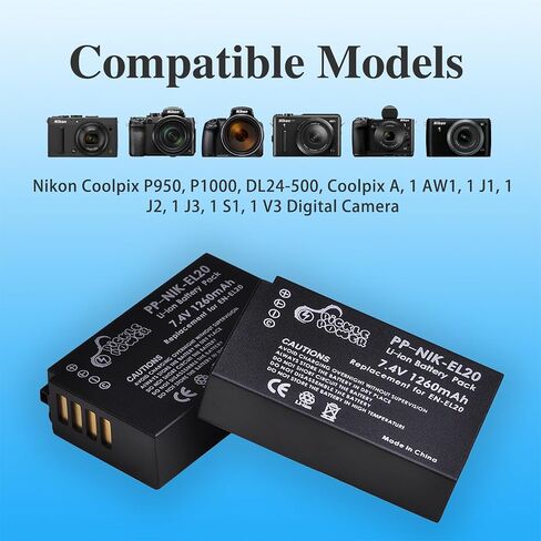 Pickle Power EN-EL20 EN-EL20a Battery and Charger Compatible with Nikon Coolpix P1000, P950, DL24-500, Coolpix A, 1 AW1, 1 J1, 1 J2, 1 J3, 1 S1, 1 V3 Digital Camera in Saudi Arabia