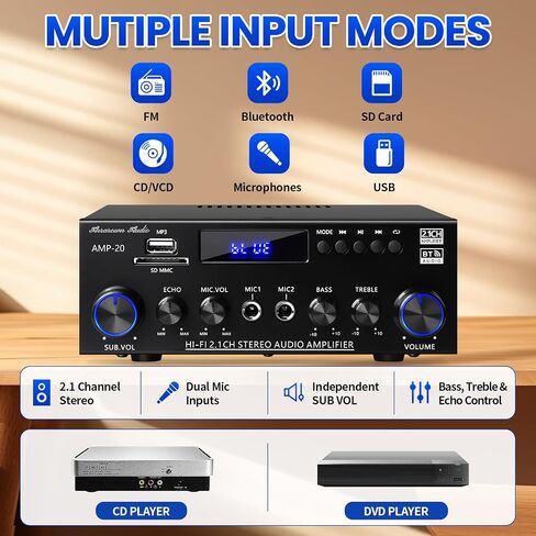 AMP-20 Bluetooth Stereo Audio Amplifier 2.1 CH Max.800W RMS 50Wx2+70W | Bluetooth 5.0 Home Audio Amplifier for Speaker with MIC Jack Echo FM BT/USB Input in Saudi Arabia