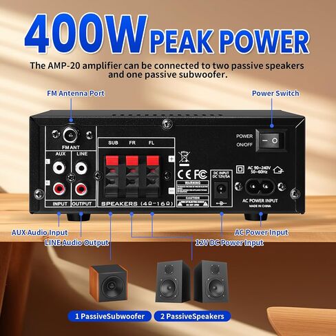 AMP-20 Bluetooth Stereo Audio Amplifier 2.1 CH Max.800W RMS 50Wx2+70W | Bluetooth 5.0 Home Audio Amplifier for Speaker with MIC Jack Echo FM BT/USB Input in Saudi Arabia