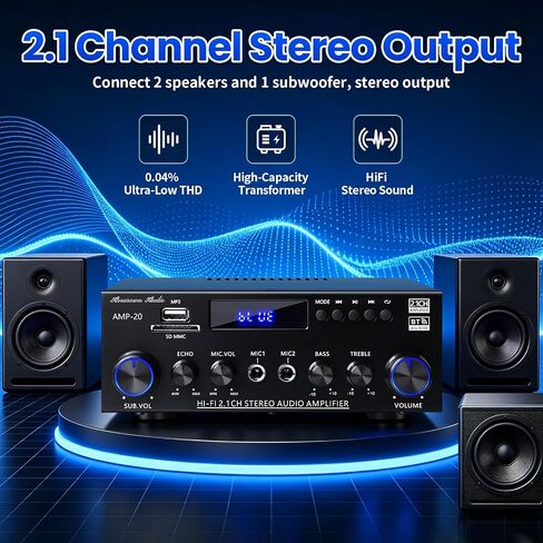 AMP-20 Bluetooth Stereo Audio Amplifier 2.1 CH Max.800W RMS 50Wx2+70W | Bluetooth 5.0 Home Audio Amplifier for Speaker with MIC Jack Echo FM BT/USB Input in Saudi Arabia