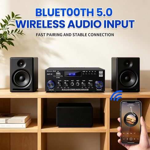 AMP-20 Bluetooth Stereo Audio Amplifier 2.1 CH Max.800W RMS 50Wx2+70W | Bluetooth 5.0 Home Audio Amplifier for Speaker with MIC Jack Echo FM BT/USB Input in Saudi Arabia
