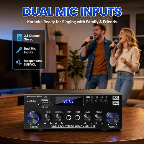 AMP-20 Bluetooth Stereo Audio Amplifier 2.1 CH Max.800W RMS 50Wx2+70W | Bluetooth 5.0 Home Audio Amplifier for Speaker with MIC Jack Echo FM BT/USB Input in Saudi Arabia