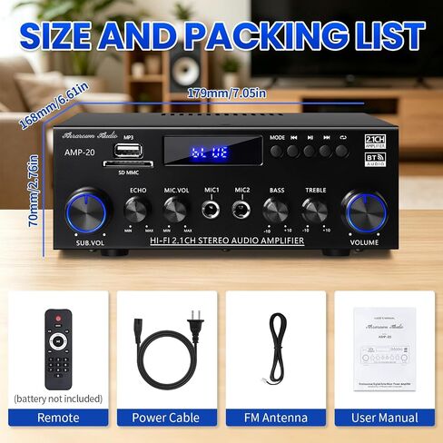 AMP-20 Bluetooth Stereo Audio Amplifier 2.1 CH Max.800W RMS 50Wx2+70W | Bluetooth 5.0 Home Audio Amplifier for Speaker with MIC Jack Echo FM BT/USB Input in Saudi Arabia