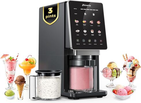 Alcarin Ice Cream Maker with 3 Pints(Not Freezer) Frozen Treat Machine | Homemade Slushie, Gelato, Yogurt, Sorbet, Ice Cream Machine, 10 Pre-set Programs, Respin & Mix-in in Saudi Arabia