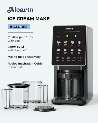Alcarin Ice Cream Maker with 3 Pints(Not Freezer) Frozen Treat Machine | Homemade Slushie, Gelato, Yogurt, Sorbet, Ice Cream Machine, 10 Pre-set Programs, Respin & Mix-in in Saudi Arabia