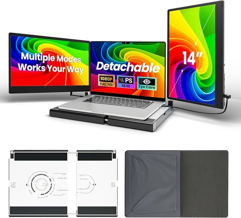 Laptop Screen Extender, 14" FHD 1080P Triple Portable Monitor for Laptops, Stretchable Base and Detachable Screen, Plug & Play, Monitor Extender for 13–17.3" Laptops, Compatible with Window/Mac/Chrome in Saudi Arabia