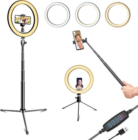 10" Selfie Ring Light with 10" Stand and 60" Selfie Stick, 3 Color Light Adjustment Suitable for Phones and Cameras, Makeup/Live Streaming/Taking Photos in Saudi Arabia