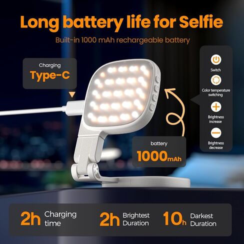Magnetic Selfie Light, 3 Color Modes, 1000mAh Foldable & Rotatable Fill Light, Compatible with iPhone 11-17 Series, Samsung, MagSafe, White in Saudi Arabia
