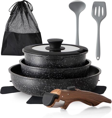 DishDelight Detachable Handle Camping Pots and Pans Set Non Stick | Pans with Removable Handles, Kitchen Induction Compatible, Granite Non-Toxic, Portable Stackable RV Cookware Set for Camper in Kuwait