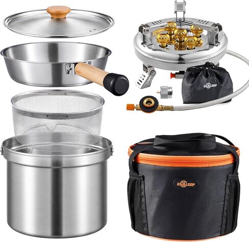 Camping Cookware Set with Stove, Stainless Steel Outdoor Cooking Kit with Pot, Strainer Pot, Frying Pan, Adapter and Storage Bag, Portable Camping Pots and Pans Set for Camping, Hiking, Backpacking in Saudi Arabia